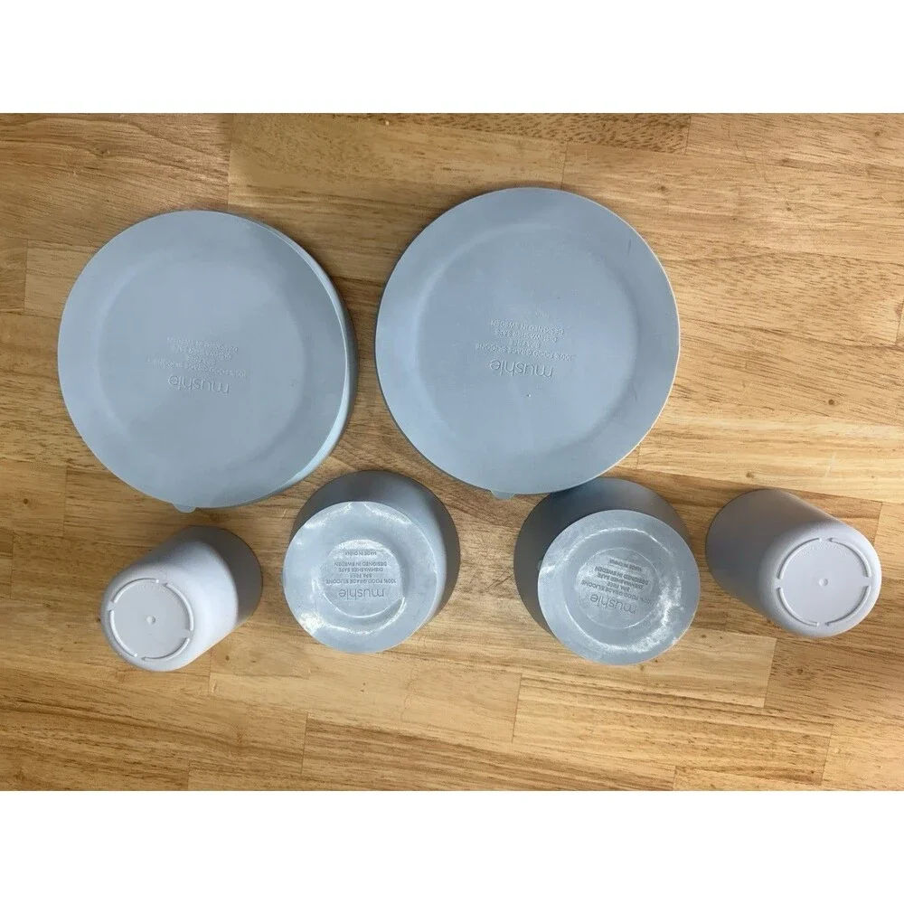 Mushie Baby Bundle 2 Suction Plates 2 Suction Bowls 2 Cups Powder Blue VGUC Set